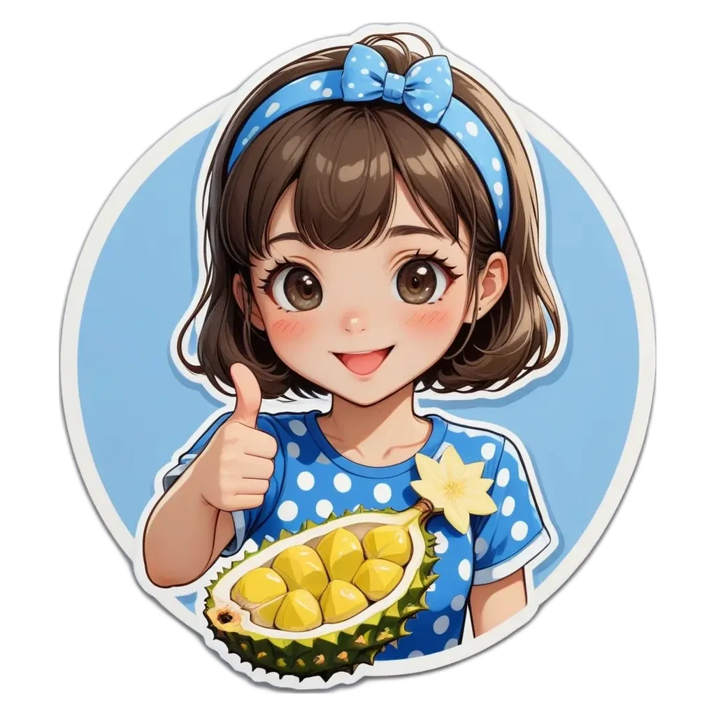 A cartoon girl showing a fruit with a sticker that has a thumbs up.