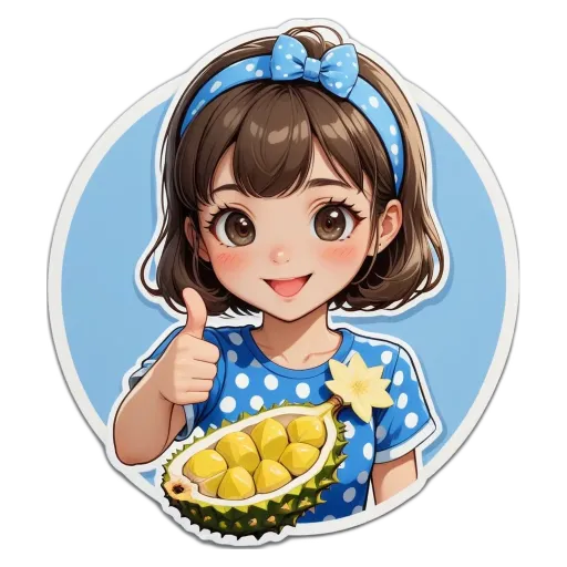 A cartoon girl showing a fruit with a sticker that has a thumbs up.