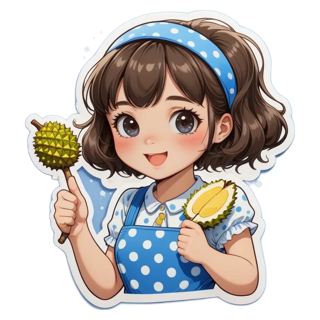 A cartoon girl holding a durian with a polka dot apron on.