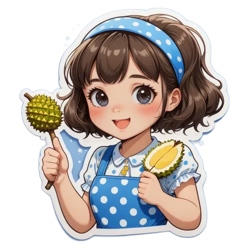 A cartoon girl holding a durian with a polka dot apron on.