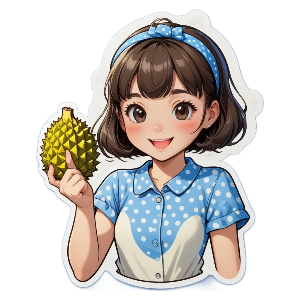 A sticker of a girl holding a fruit that looks like a kumquat.