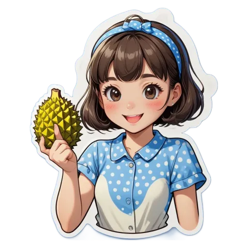 A sticker of a girl holding a fruit that looks like a kumquat.