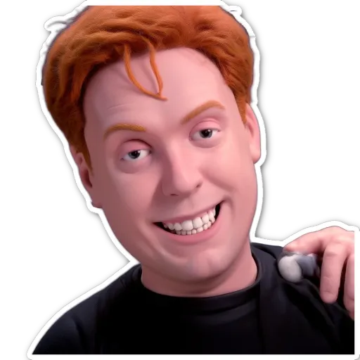 A sticker of a man with a black shirt and red hair holding a white object.