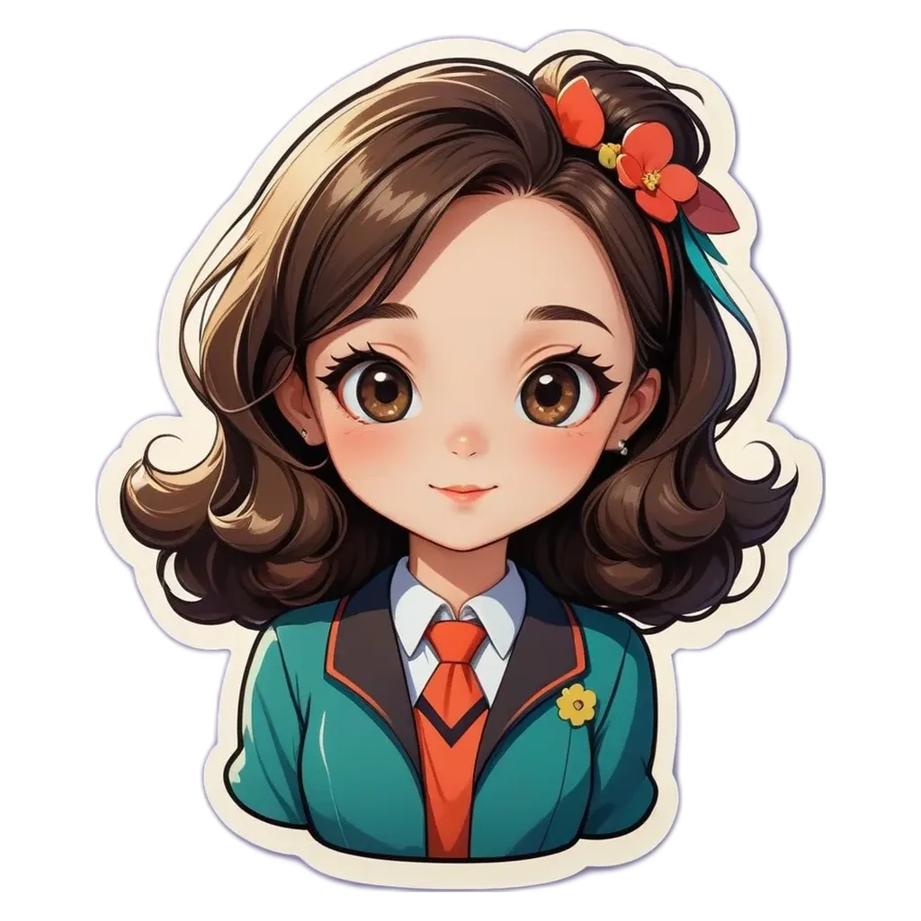 A girl with a flower in her hair is wearing a blue jacket and a red tie.