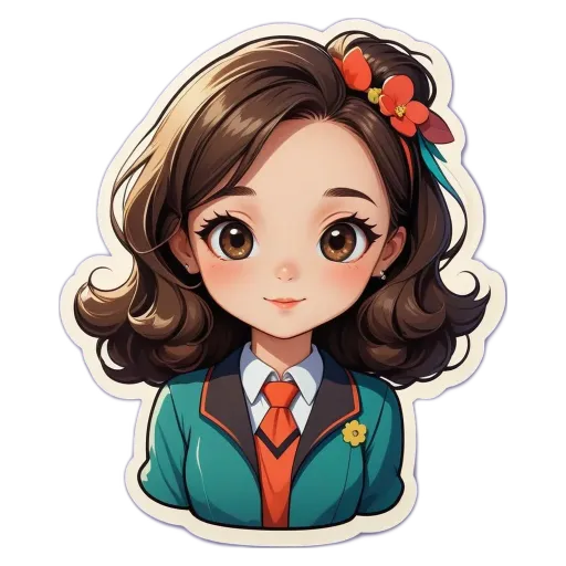 A girl with a flower in her hair is wearing a blue jacket and a red tie.