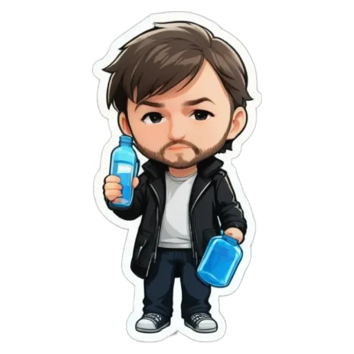A boy in a black jacket is holding two water bottles.