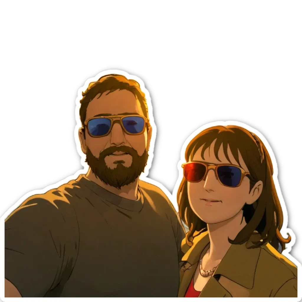 A man and a woman wearing sunglasses are in the center of a sticker.