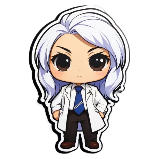 A girl with white hair and a blue tie standing up with a sticker of her that is black.