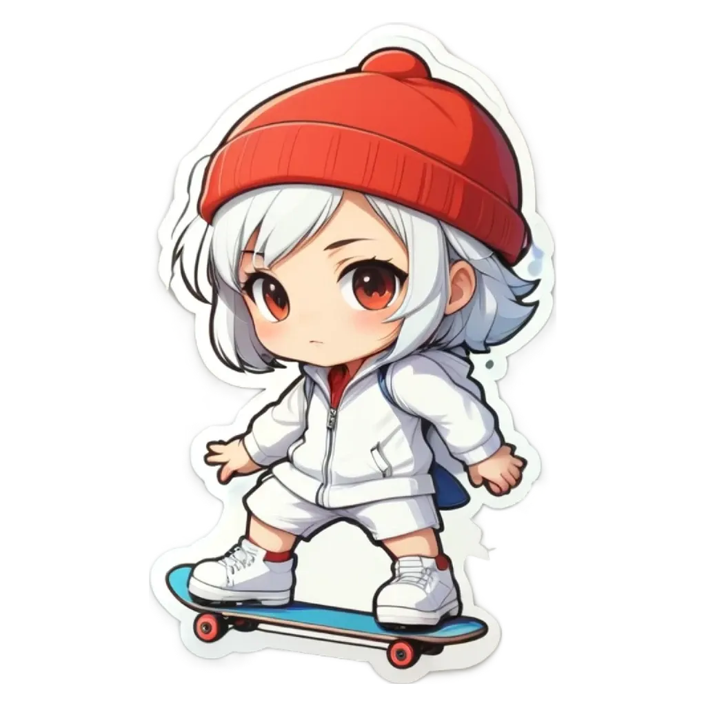 A girl riding a skateboard with a sticker of her on it.