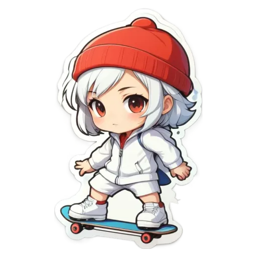 A girl riding a skateboard with a sticker of her on it.