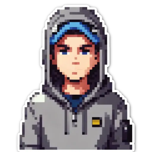 A boy wearing a grey hoodie with a yellow patch on it.