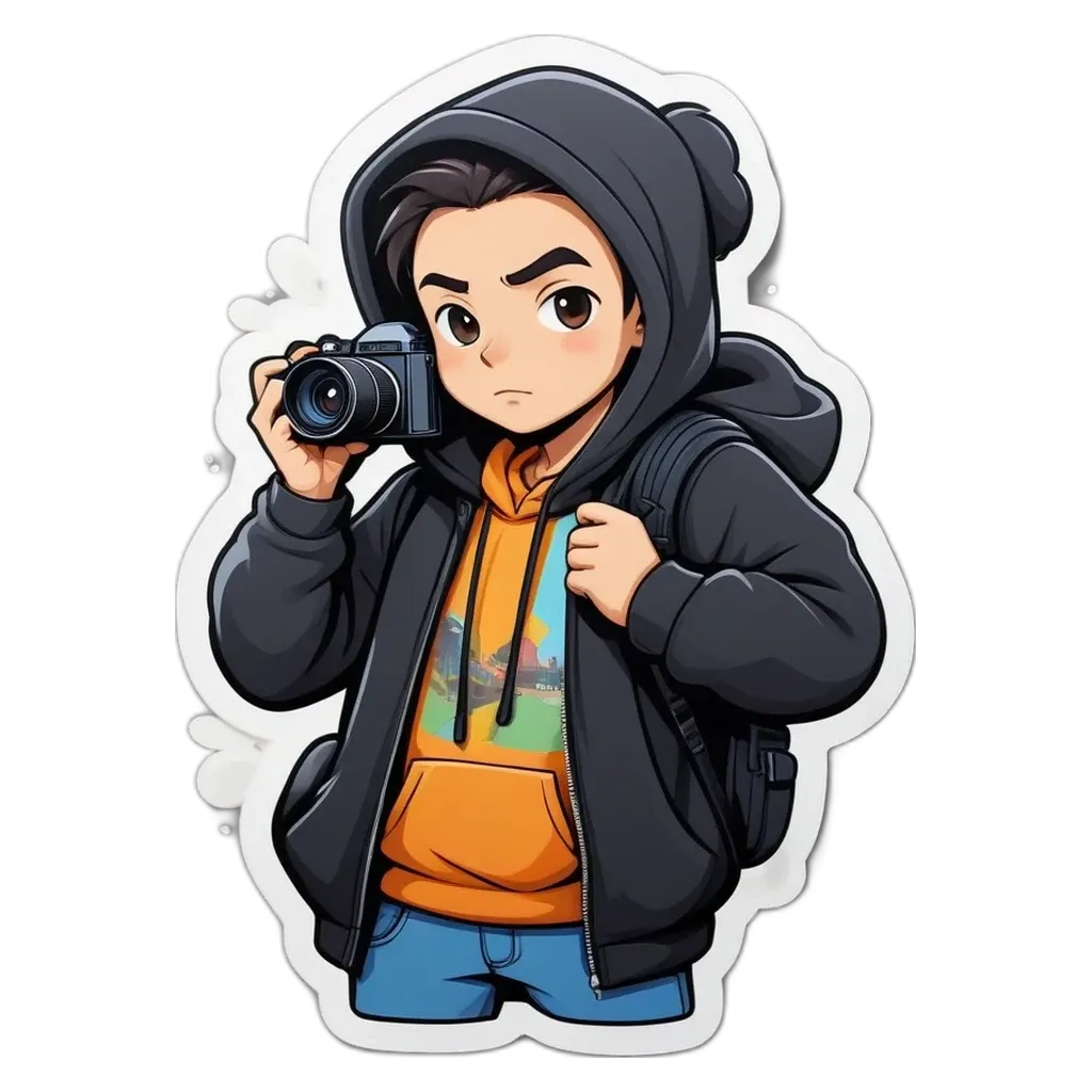 A boy is holding a camera and looking at the camera.