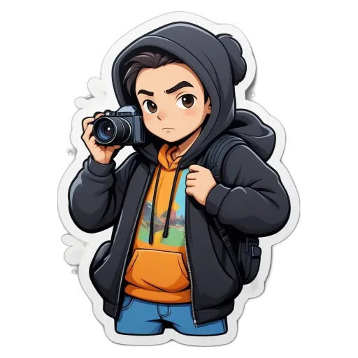 A boy is holding a camera and looking at the camera.