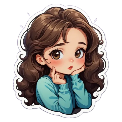 A girl with a blue shirt and her hand on her chin.
