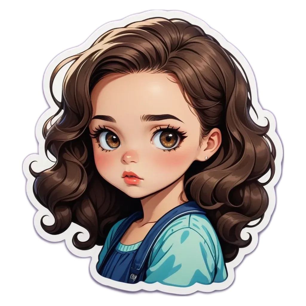 A sticker of a girl with curly hair that is brown.