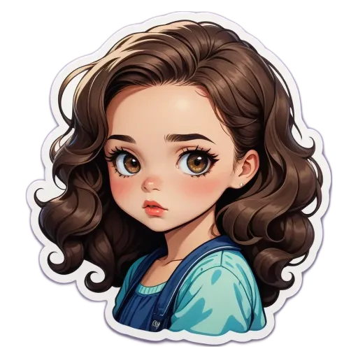 A sticker of a girl with curly hair that is brown.