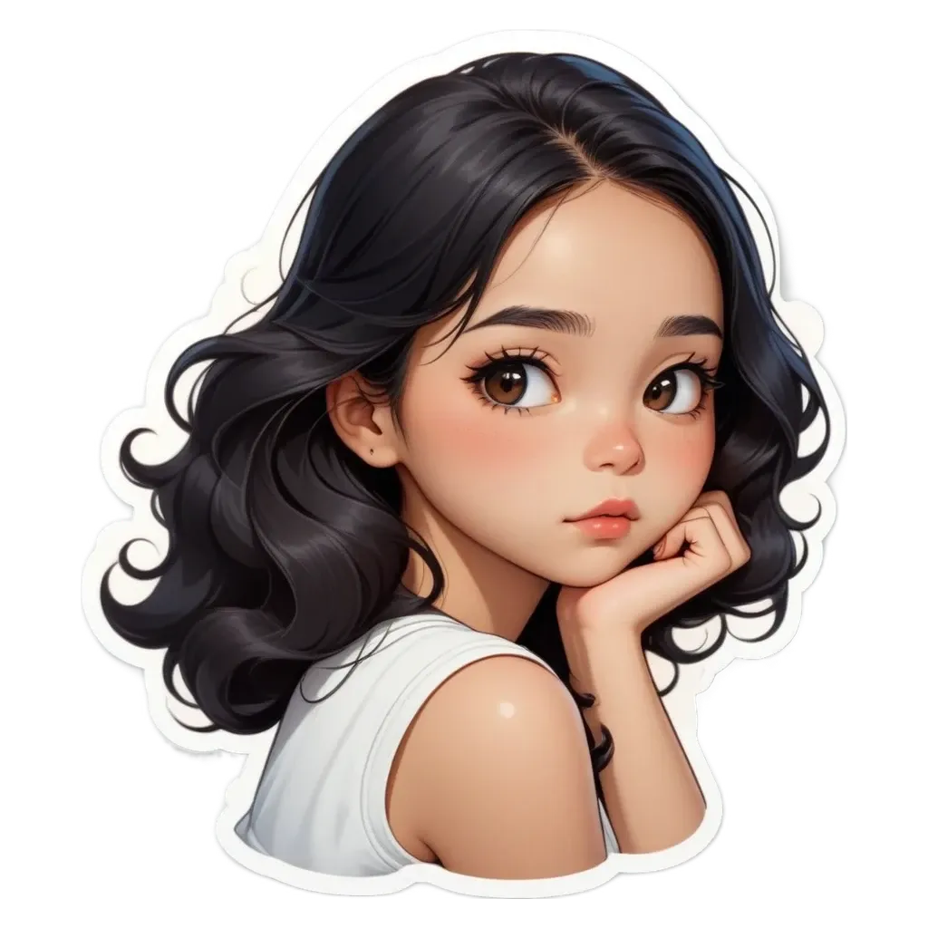 A sticker of a girl with long hair.