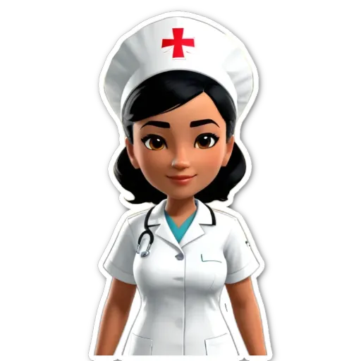 A sticker of a nurse wearing a white uniform and a cross on the hat.