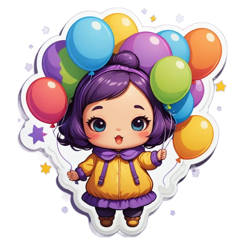A cartoon image of a girl holding balloons in her left hand.