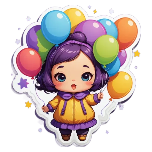 A cartoon image of a girl holding balloons in her left hand.