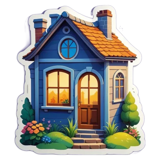 A blue house with a white roof on a black background.
