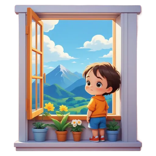 A boy looks out a window with plants and mountains in the background.