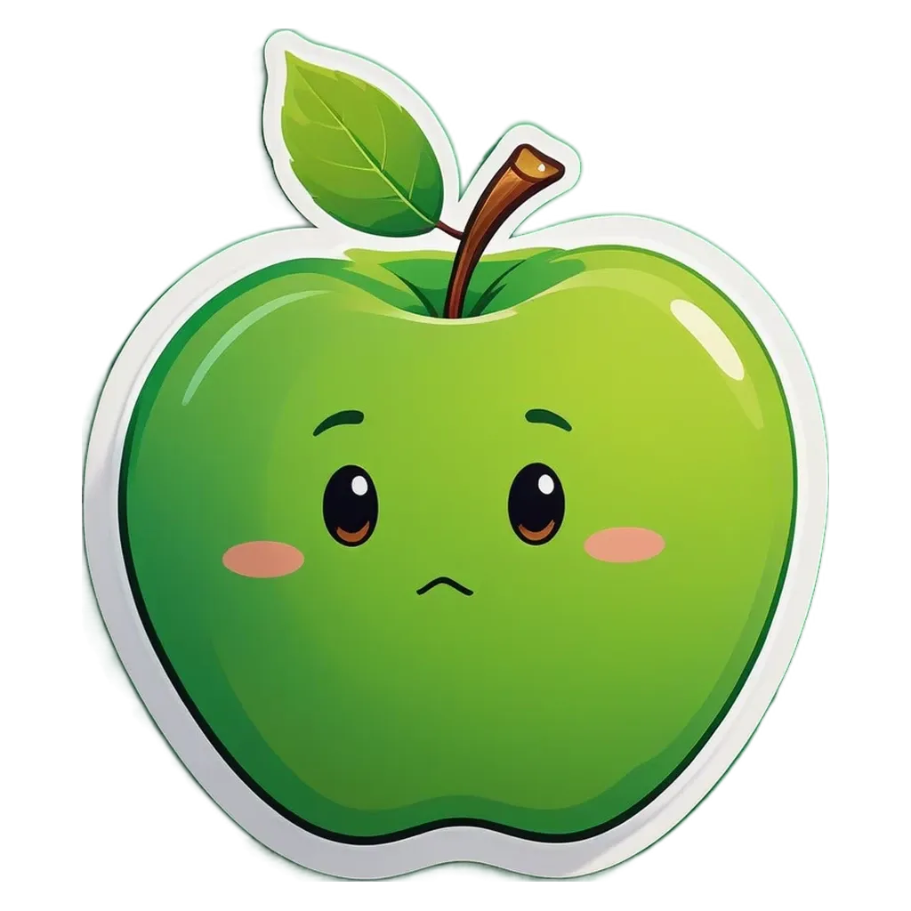 A green apple with a sad face sticker on it.