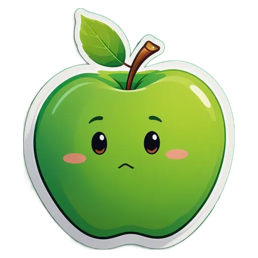 A green apple with a sad face sticker on it.