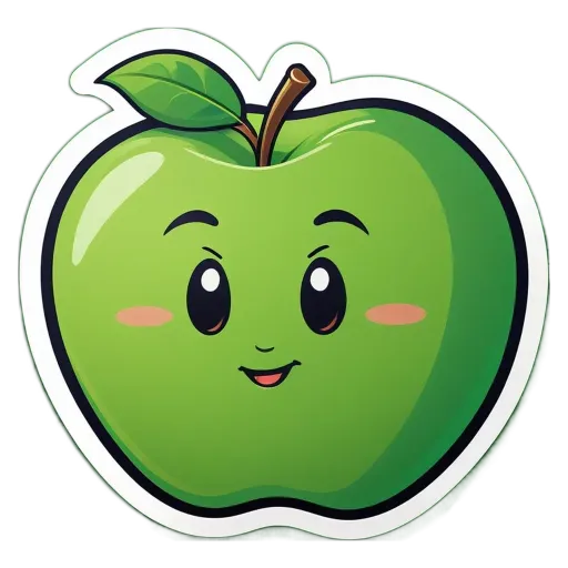 A green apple with a face and a smiley expression.