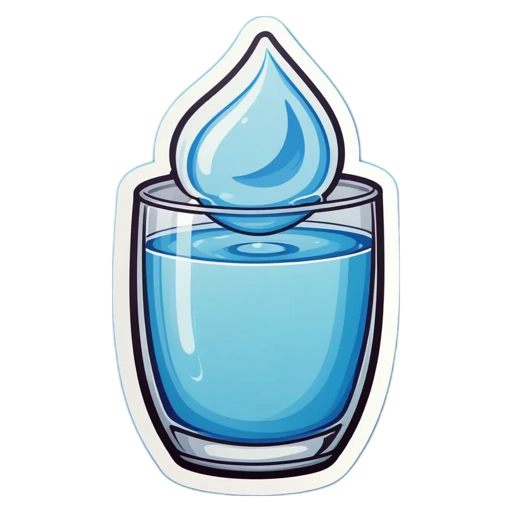 A very brief description of the image is that it is a water drop sticker with a glass of water.