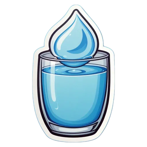A very brief description of the image is that it is a water drop sticker with a glass of water.