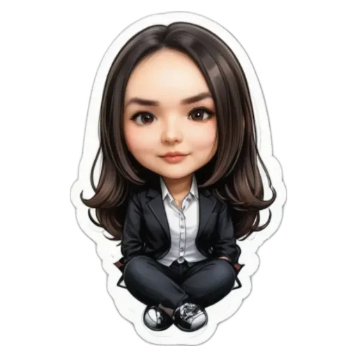 A girl is sitting in a suit and shoes, she is cute.