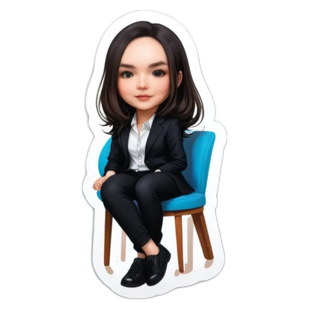 A woman character is sitting on a blue chair in a blue room.