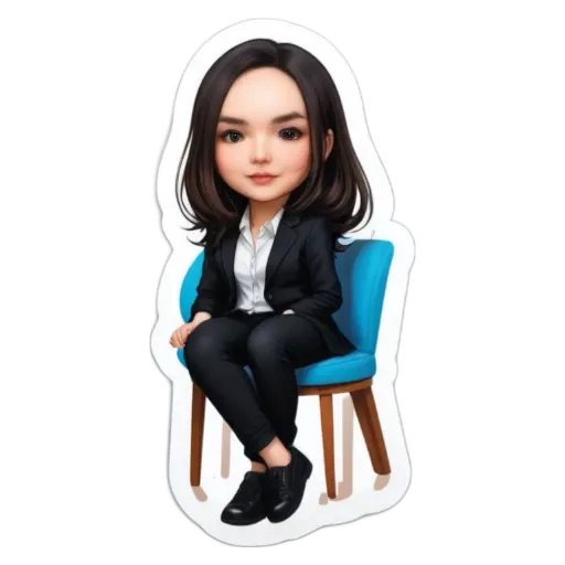 A woman character is sitting on a blue chair in a blue room.