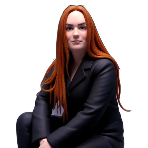 A woman with red hair sitting in a jacket.