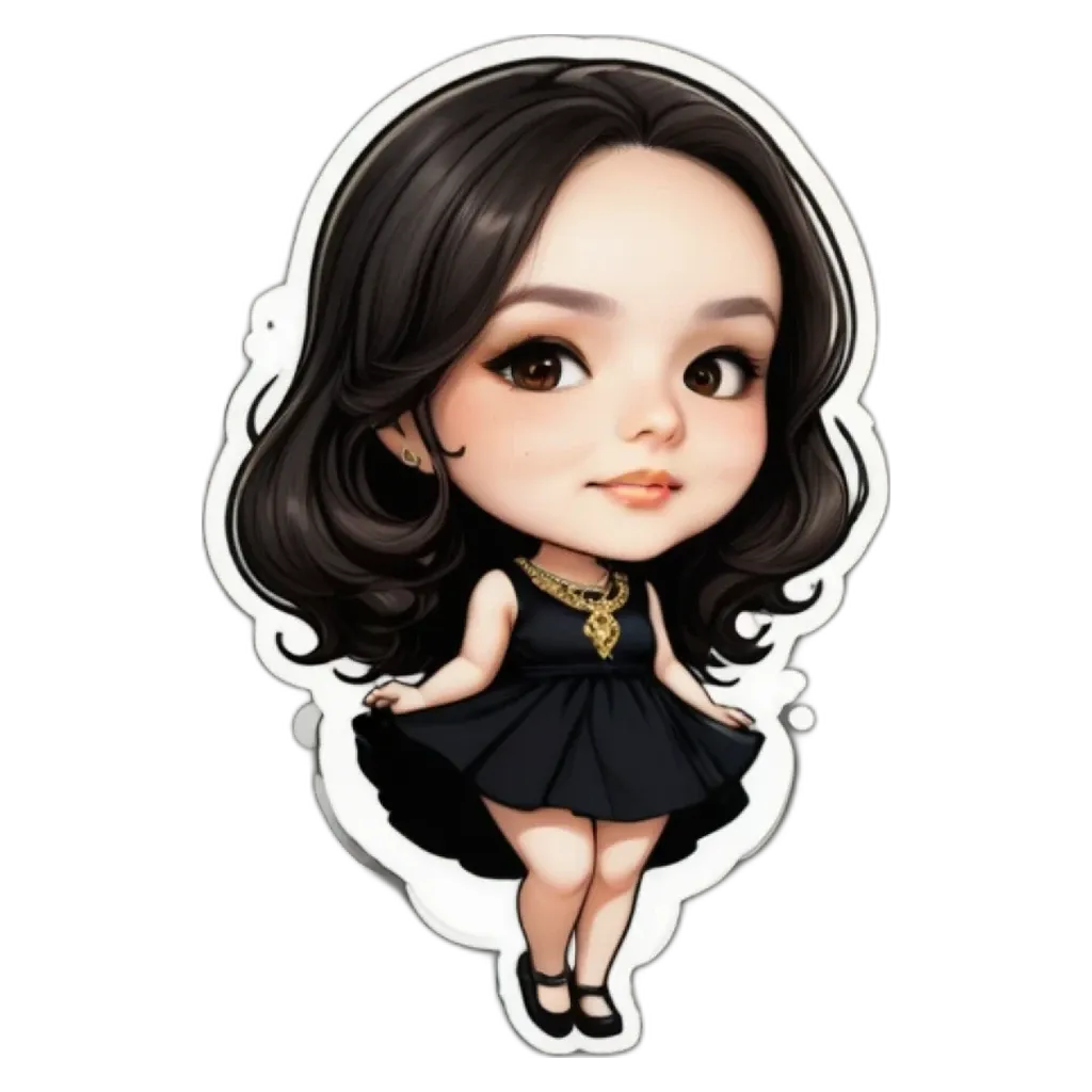 A girl is wearing a black dress and gold necklace.