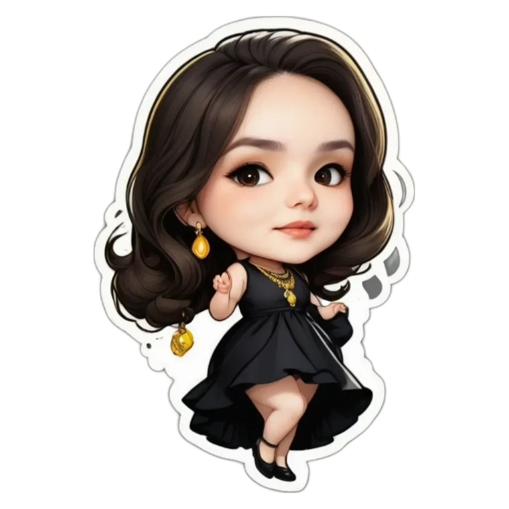 A girl is on a black background with gold hoop earrings and a black dress.
