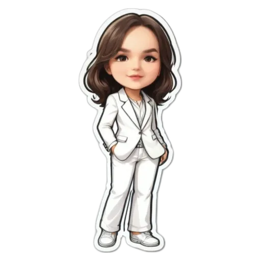 A cartoon woman in a suit is standing up straight.