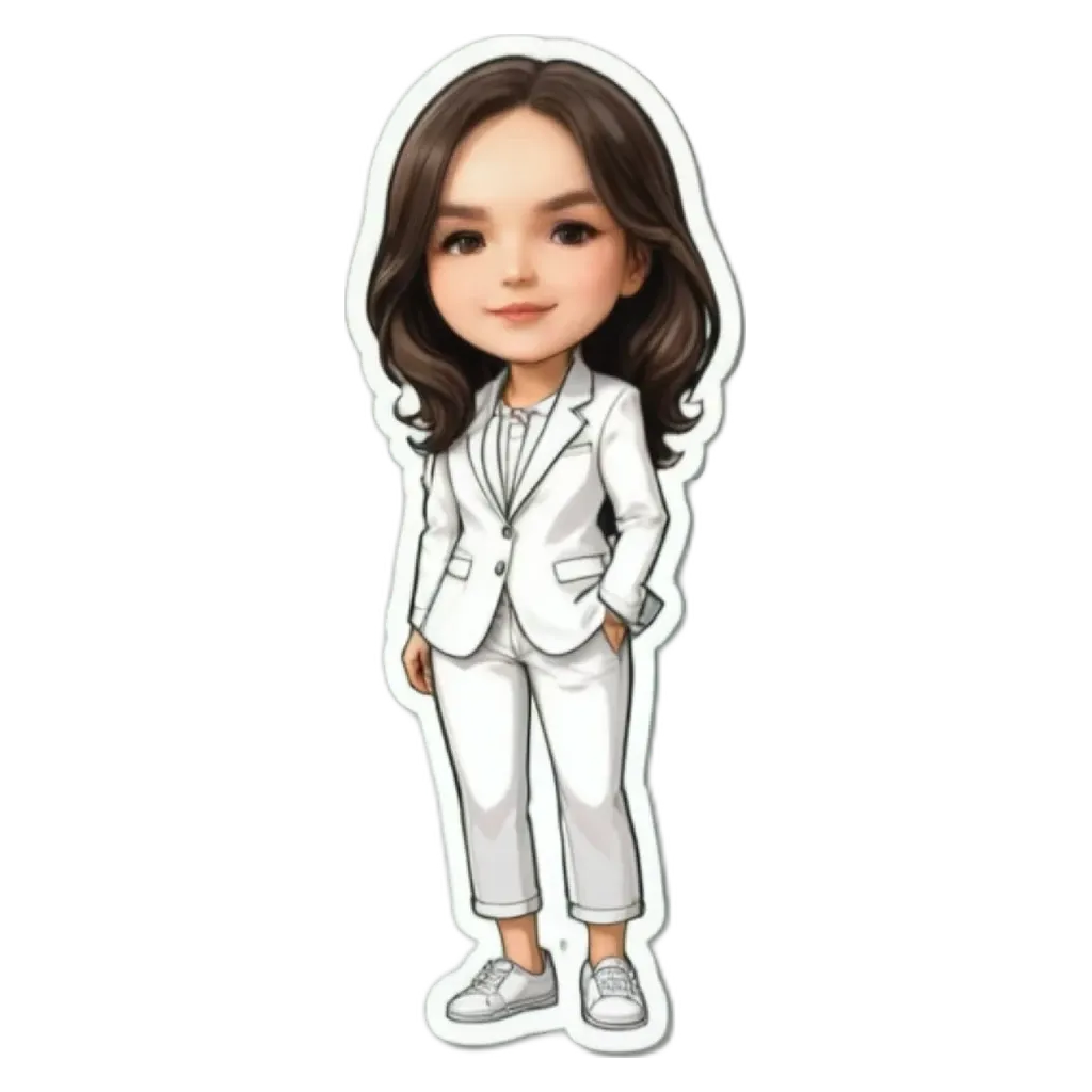 A girl is wearing a white suit and standing up straight.