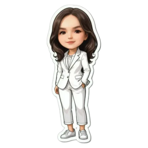 A girl is wearing a white suit and standing up straight.