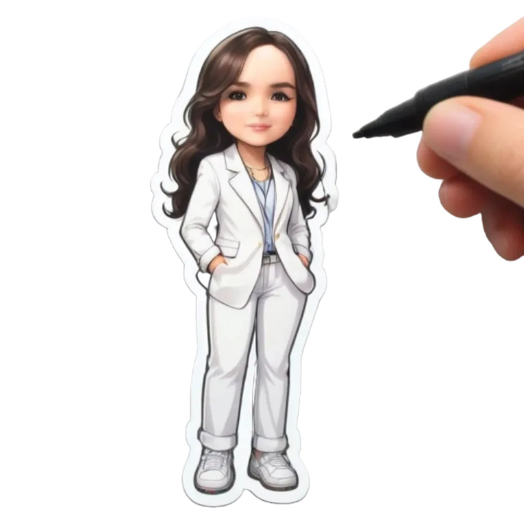 A hand writing on a small girl sticker.