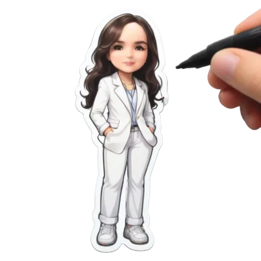 A hand writing on a small girl sticker.