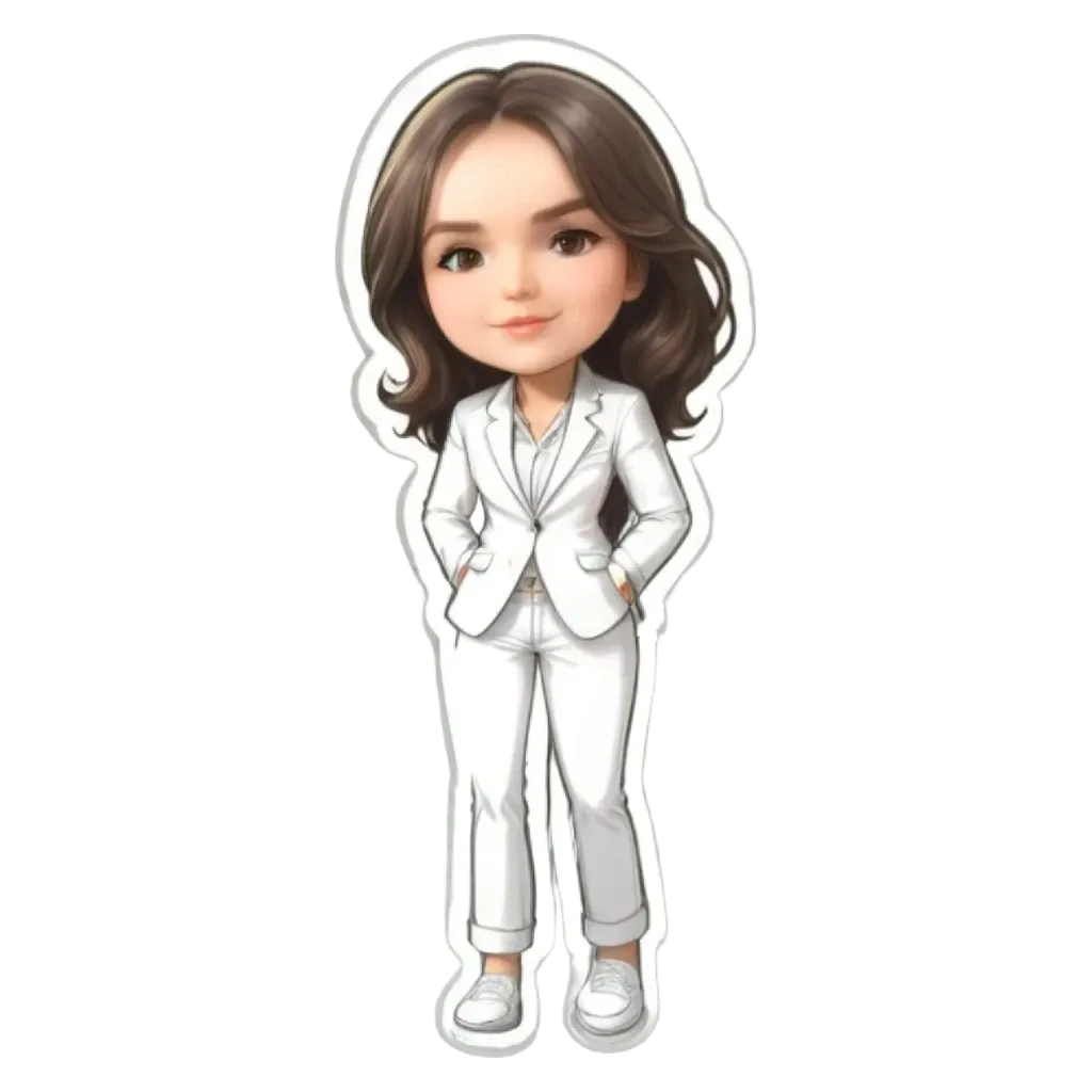 A girl is standing with her hands in her pockets and wearing a white suit.