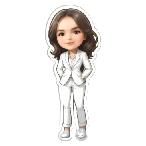 A girl is standing with her hands in her pockets and wearing a white suit.