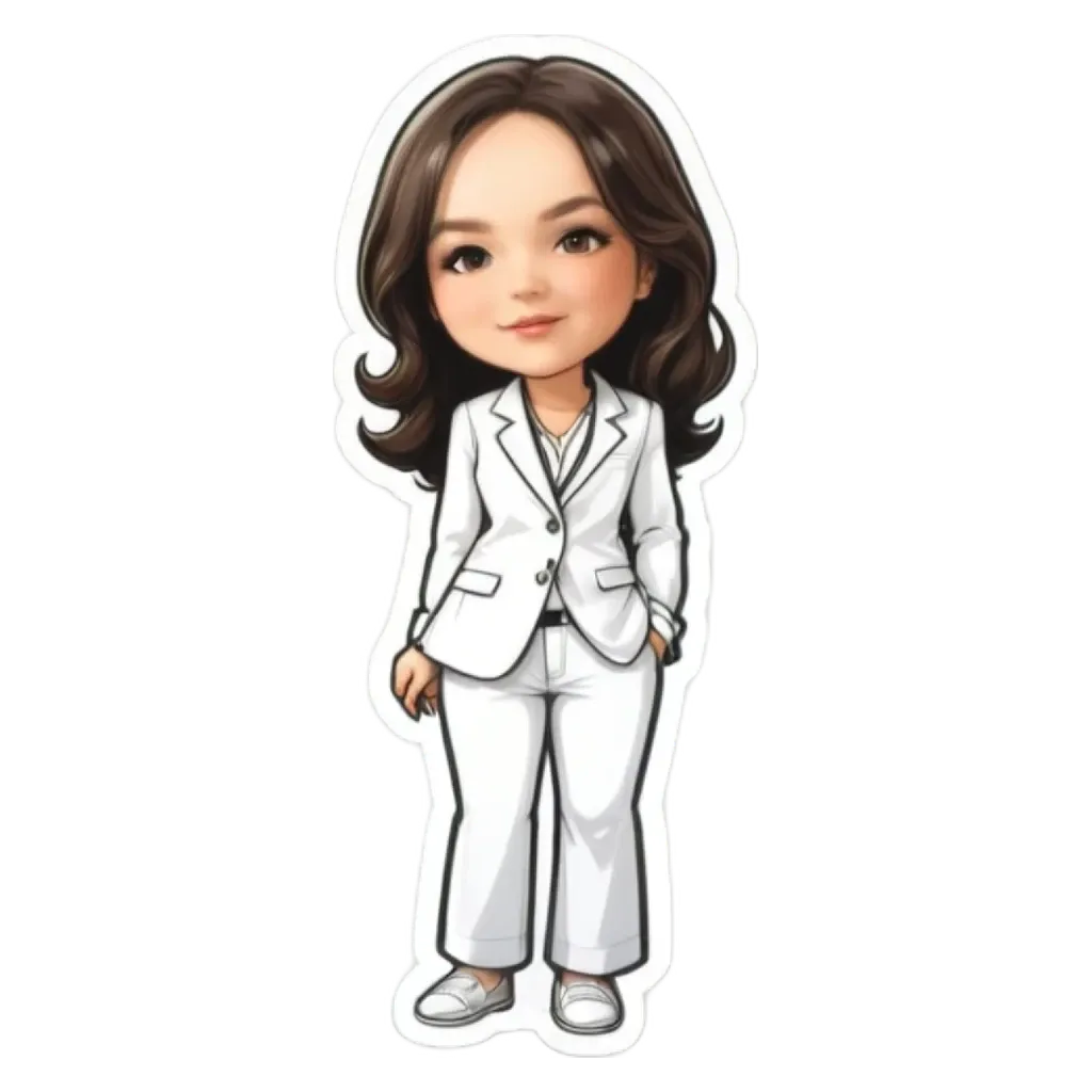 A cartoon woman wearing a white jacket and pants.