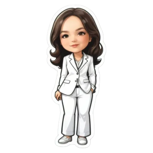 A cartoon woman wearing a white jacket and pants.