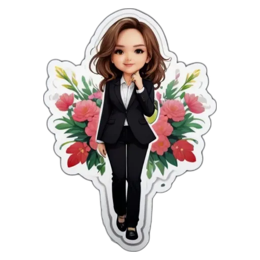 A girl wearing a suit and flowers around her neck.