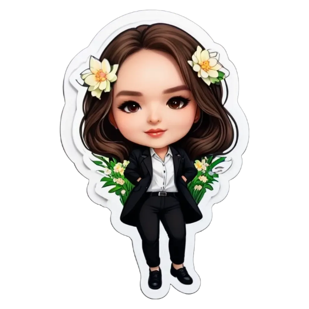 A girl with white flowers on her head is standing up with black pants and a black jacket.