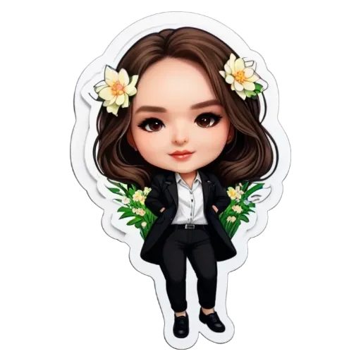 A girl with white flowers on her head is standing up with black pants and a black jacket.