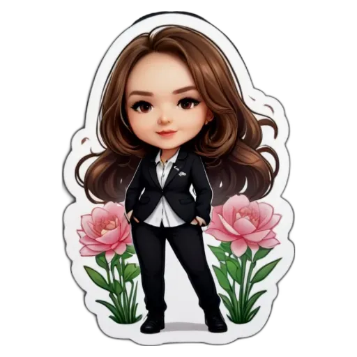 A girl is wearing a suit and flowers and the flowers are pink.